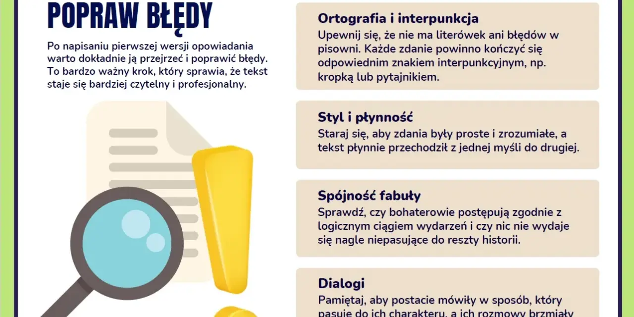 Krok 8: Popraw błędy w opowiadaniu. Lupa i wykrzyknik symbolizują poprawki, by tekst był czytelny.