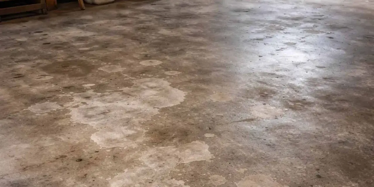 Pavimenti in cemento con macchie chiare, forse residui di acido muriatico dopo la pulizia.