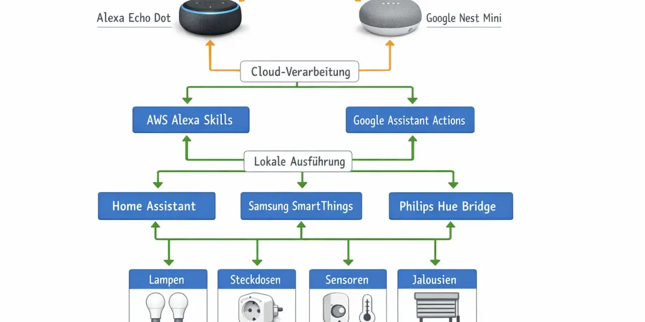 Das Diagramm zeigt, was Alexa ist: Ein Sprachbefehl wird über die Cloud verarbeitet und kann lokale Geräte wie Lampen steuern.