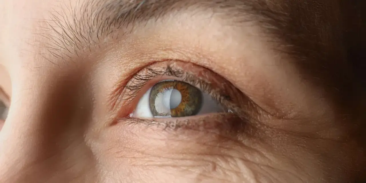 Occhio con rughe evidenti e iride bicolore. Possibili sintomi di alterazione film lacrimale.