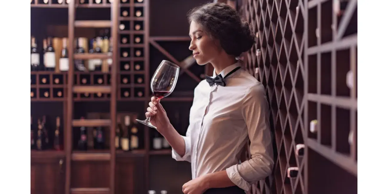 Kto to sommelier? Kobieta w białej koszuli i muszce wącha wino w piwniczce.