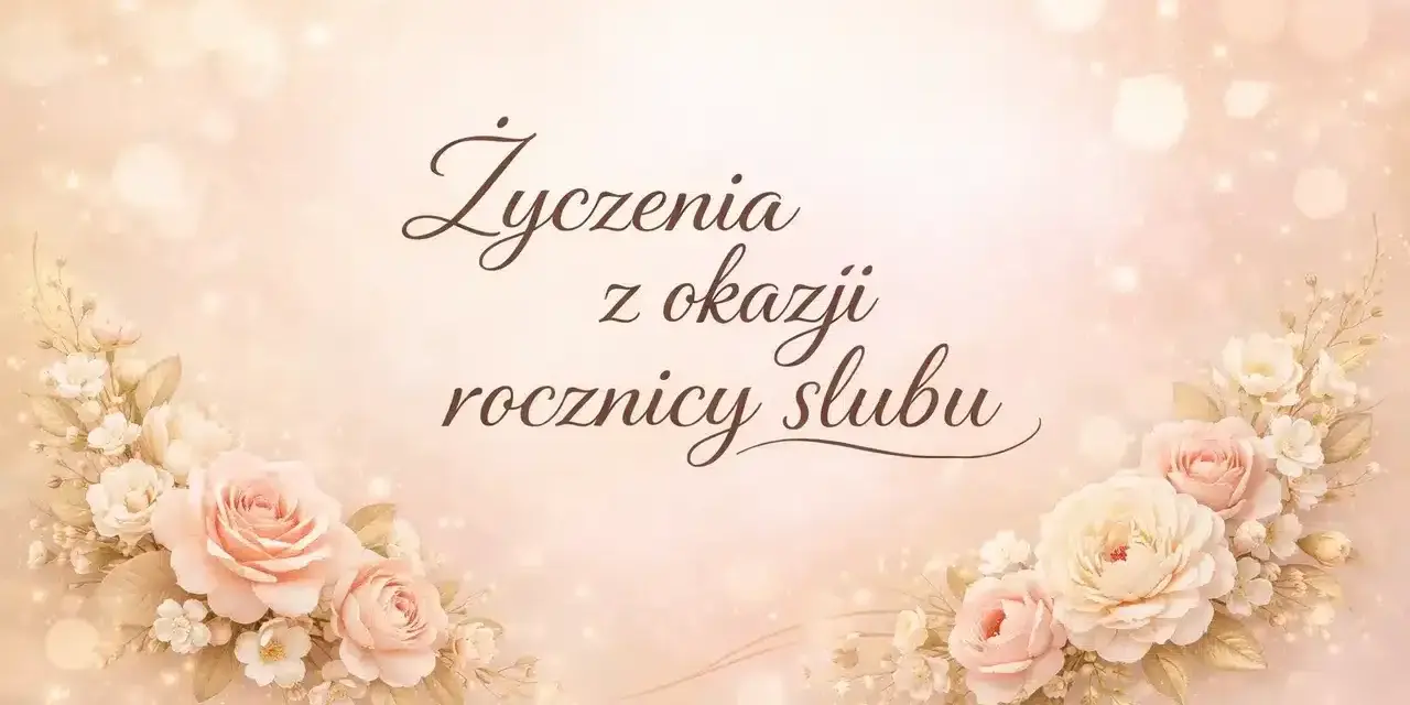 Eleganckie życzenia na 1 rocznicę ślubu, ozdobione pastelowymi różami i delikatnymi światłami.