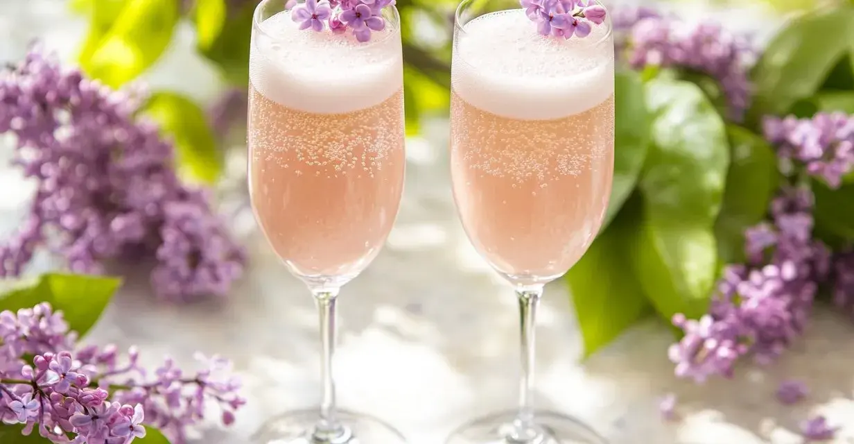 Two champagne flutes filled with pink bubbly drinks, garnished with purple lilac flowers.