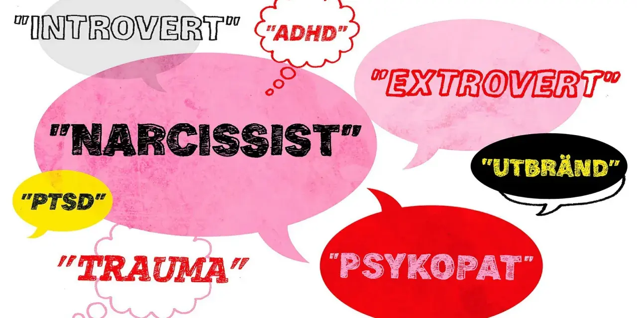 Tankar om "narcissist" och andra diagnoser i pratbubblor.
