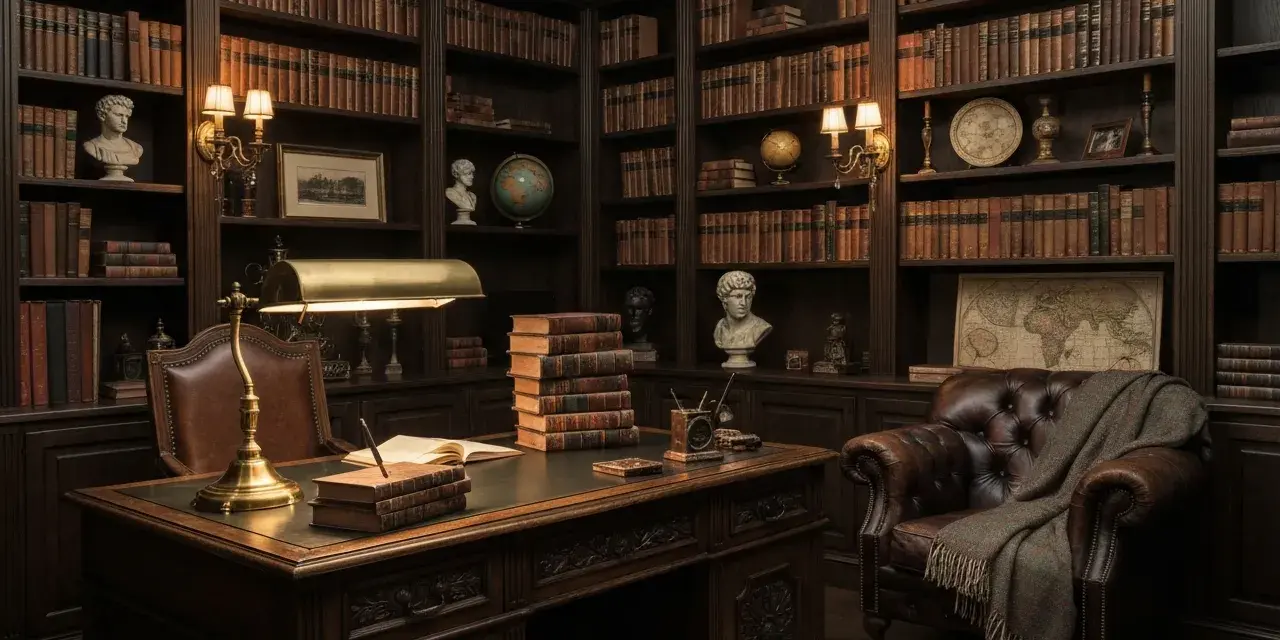 Mroczna biblioteka w stylu "dark academia" z mahoniowym biurkiem, skórzanym fotelem i regałami pełnymi książek. Idealna zastawa stołowa powinna być stonowana, z ciemnych materiałów, np. ceramiki lub metalu, nawiązując do klasyki i elegancji.