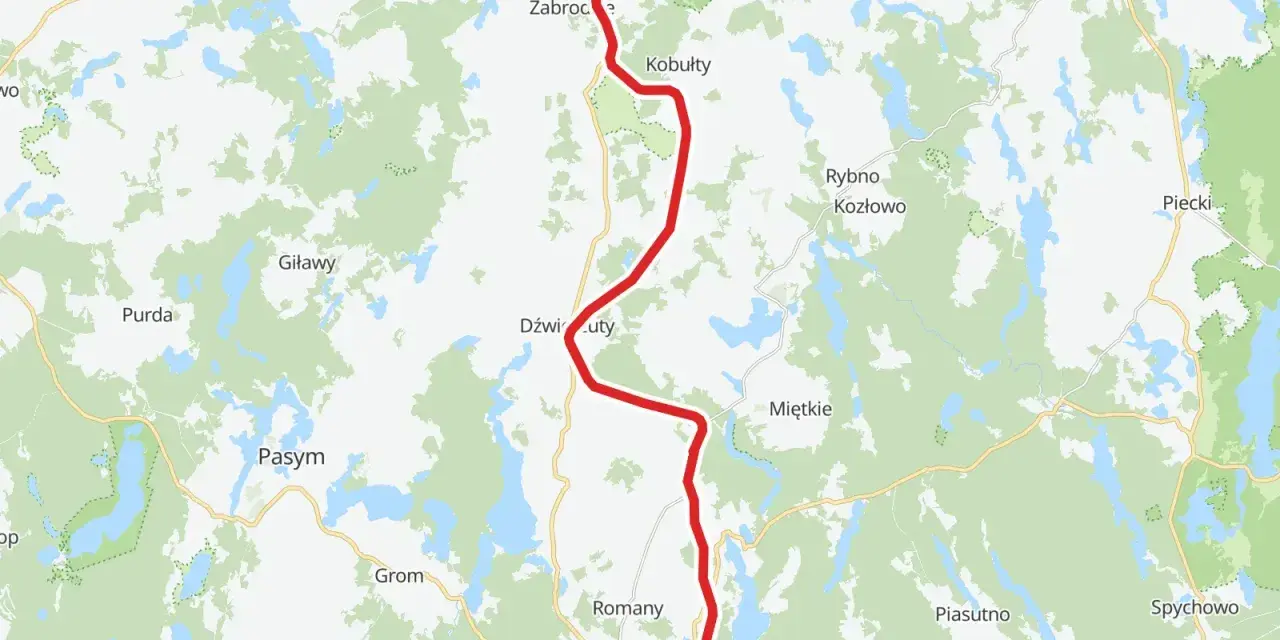 Mapa z zaznaczoną trasą rowerową przez Mazury, wiodącą przez Biskupiec, Szczytno i okolice.