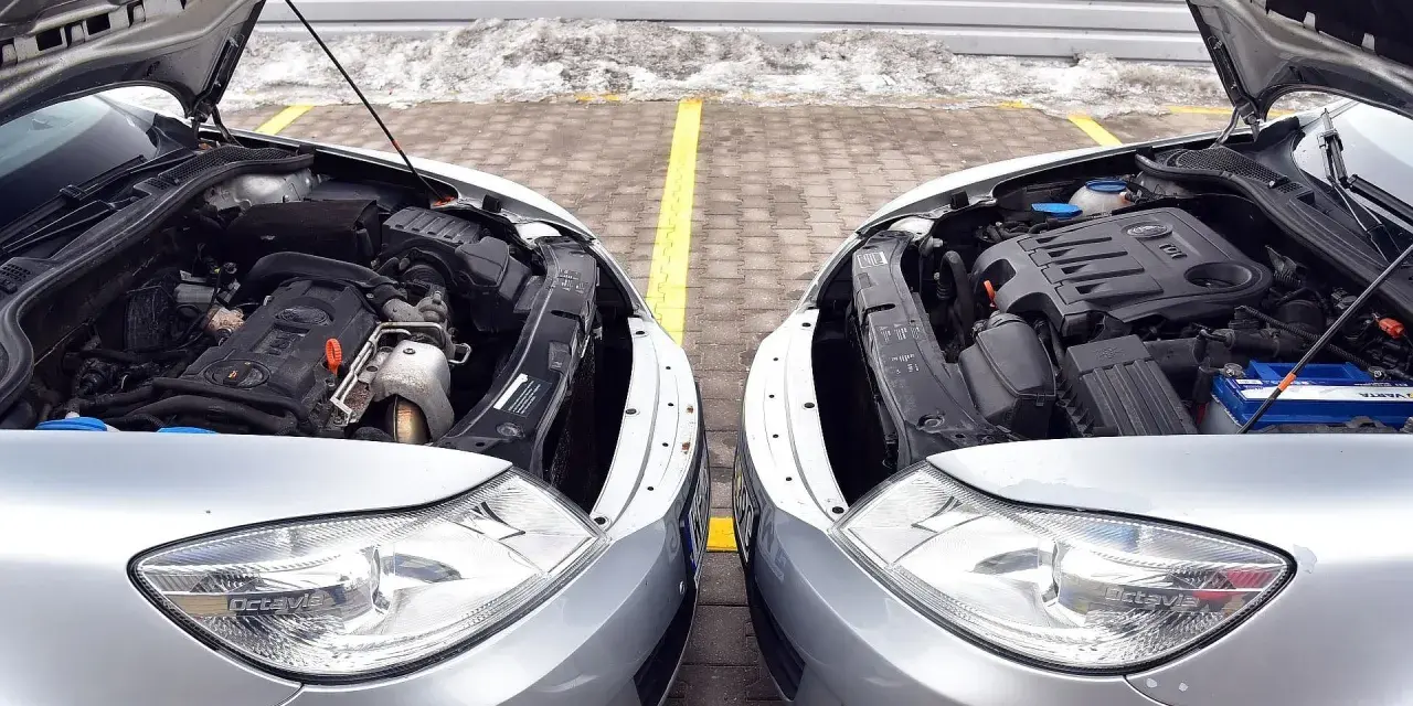 Dwa silniki samochodowe, jeden diesel, drugi benzyna, stoją obok siebie. Różnice w budowie są widoczne, choć oba napędzają auta.