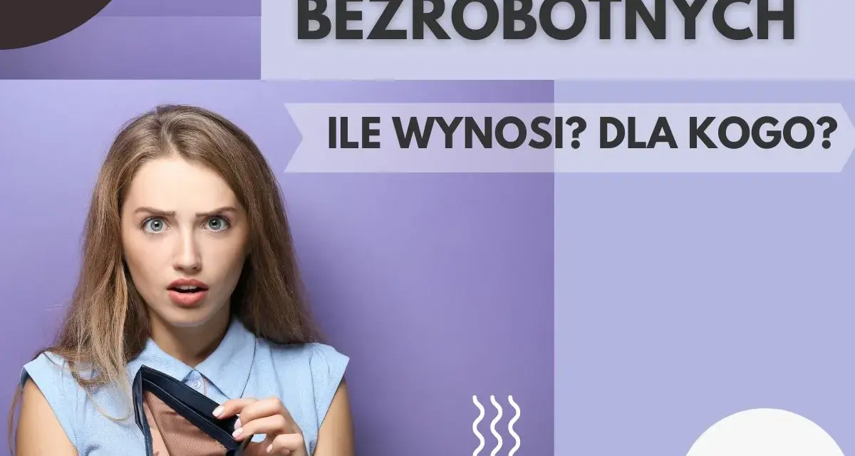 Zaskoczona kobieta pokazuje pusty portfel, zastanawiając się, ile wynosi zasiłek dla bezrobotnych.