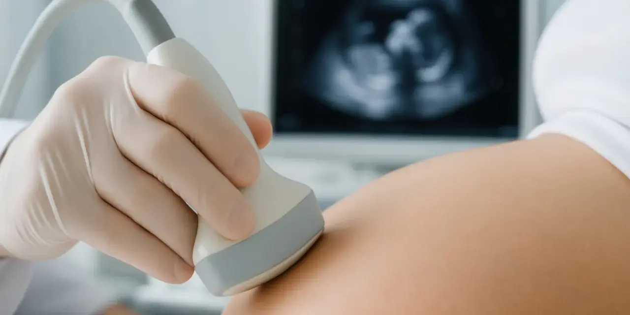 Ręka w rękawiczce medycznej wykonuje usg prenatalne. Na ekranie widoczny obraz płodu.