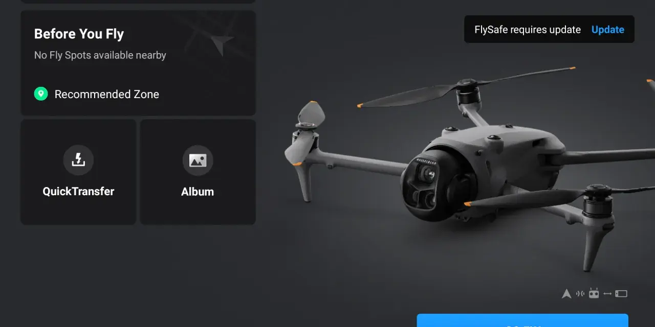 DJI Mavic 4 Pro interface shows "Before You Fly" and "FlySafe requires update." A drone is featured.