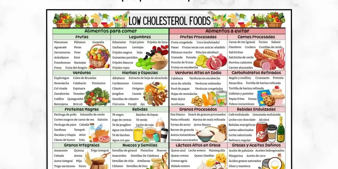 Tabela: wysoki cholesterol - co jeść. Lista produktów dozwolonych i zakazanych, podzielona na kategorie: owoce, warzywa, białka, zboża, napoje, tłuszcze.