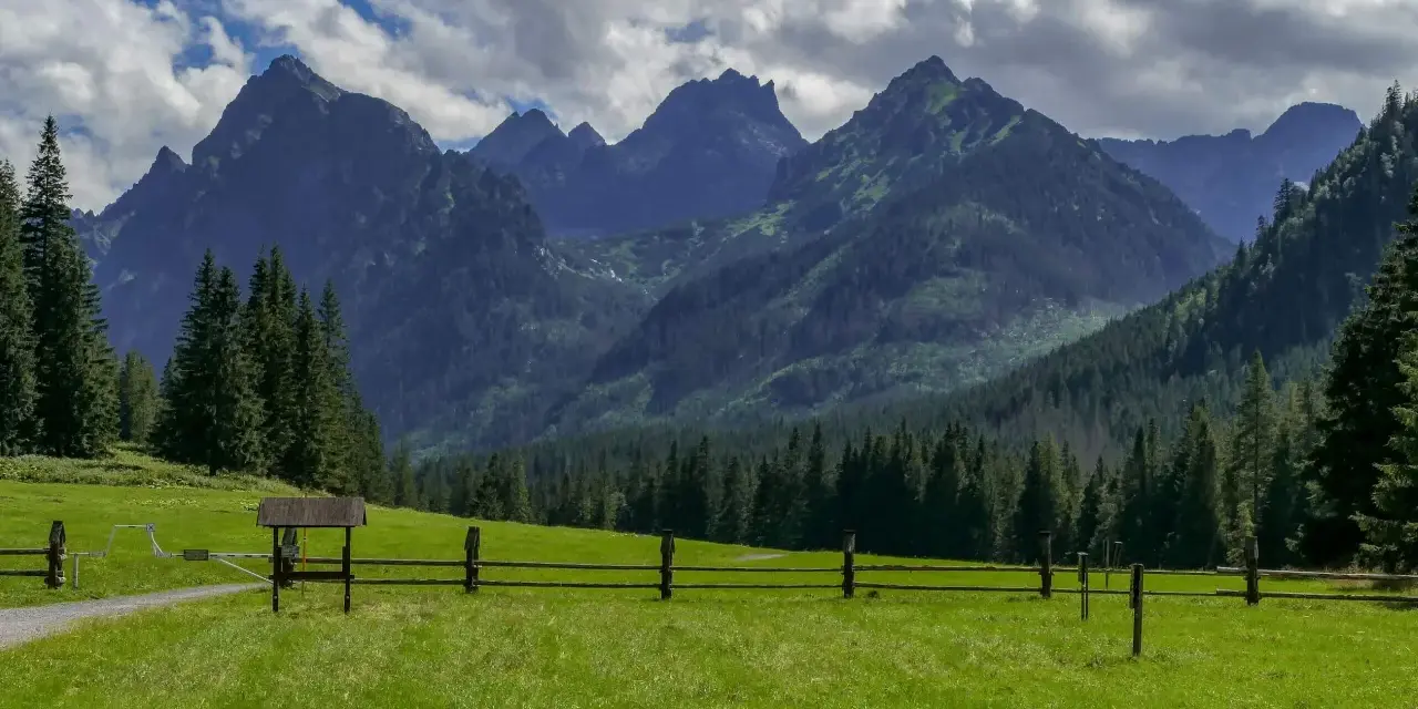 Tatry Słowackie: zielona polana, drewniane ogrodzenie i skaliste szczyty w tle.