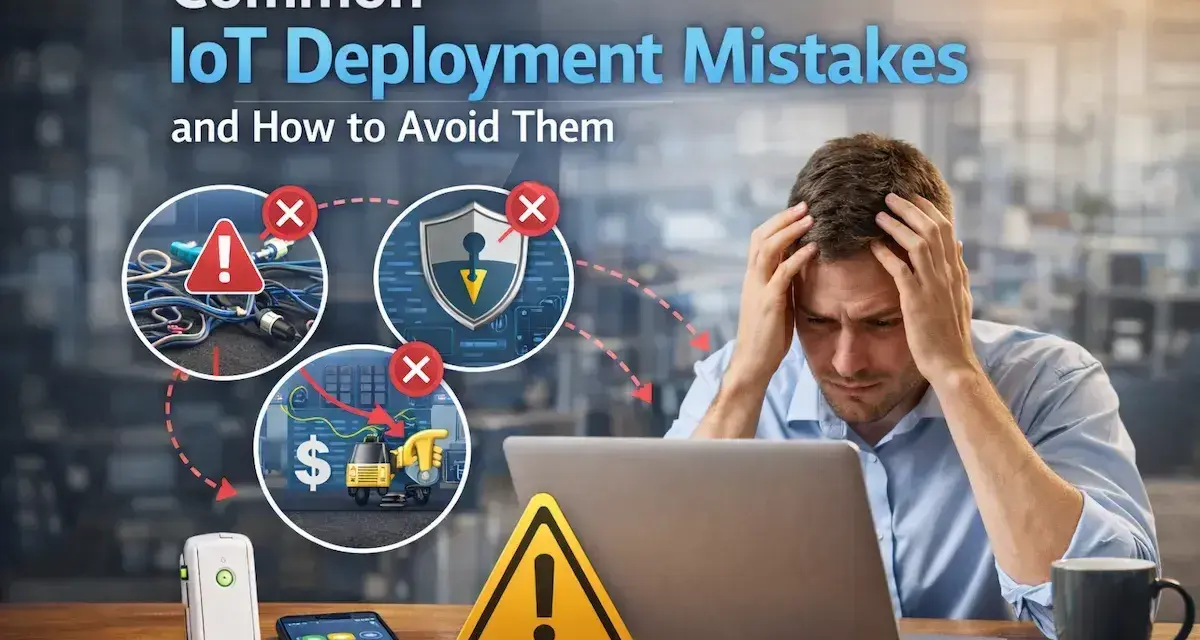 A stressed man is designing for IoT, facing common deployment mistakes like tangled wires, security breaches, and financial losses.