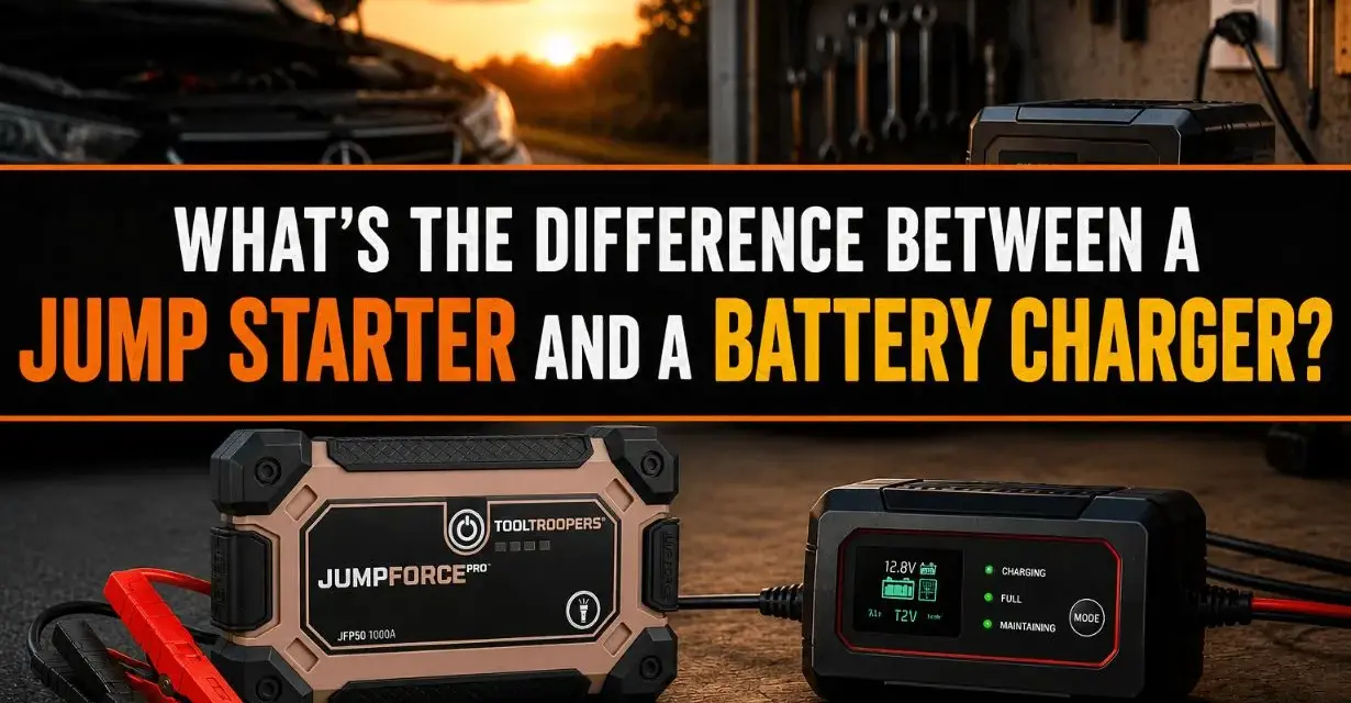 A jump starter and a battery charger are shown side-by-side, illustrating the difference between jump starting a car and trickle charging a battery.