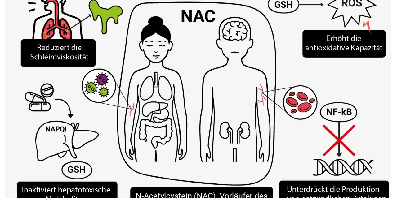NAC wirkt auf Lunge, Darm und Leber. Es reduziert Schleim, stärkt Tight Junctions und inaktiviert toxische Metaboliten. Die NAC Wirkung schützt vor oxidativem Stress und Entzündungen.