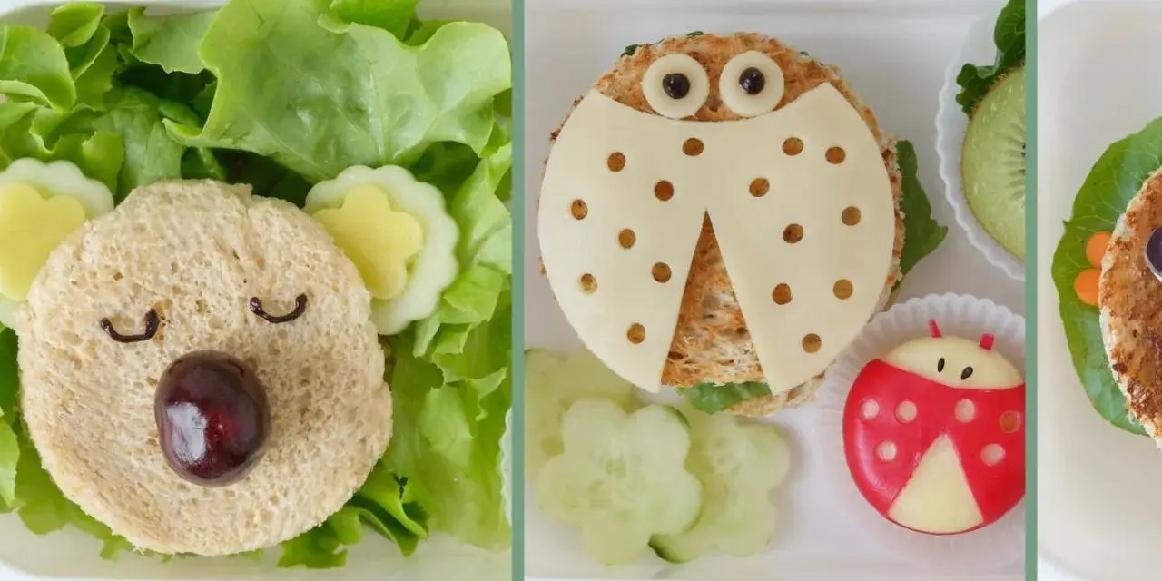 Kreative Bento-Boxen mit lustigen Tier-Sandwiches, perfekt für Kinder. Ein Bär, Marienkäfer und mehr machen gesunde Wraps kinderfreundlich.