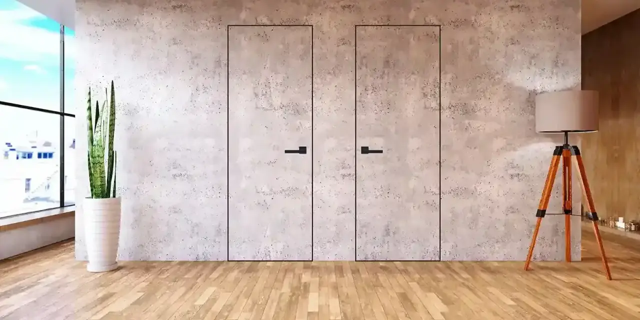 Minimalistyczne drzwi w betonowej ścianie, idealne, by zamaskować przejście. Obok stoi roślina i lampa.