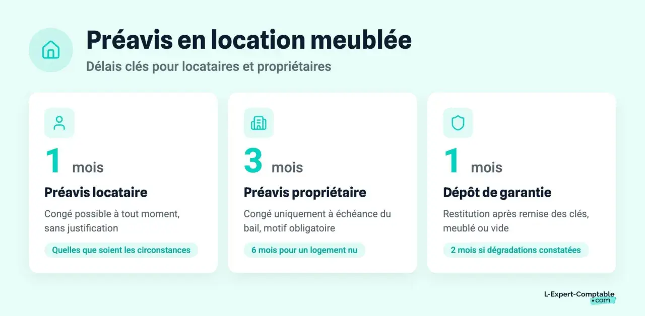 Préavis location meublée : 1 mois locataire, 3 mois propriétaire. La loi du 6 juillet 1989 encadre ces délais. Dépôt de garantie : 1 mois.