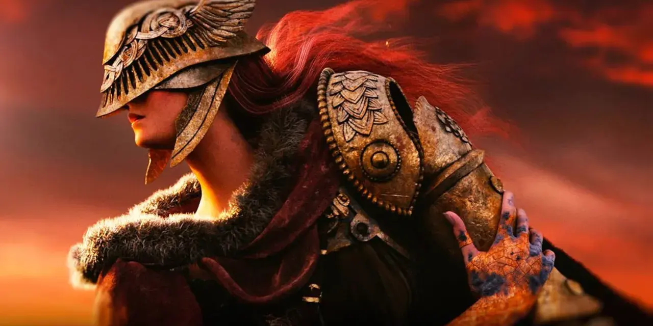 Guerrera con armadura dorada y cabello rojo, lista para la batalla en Elden Ring PS4.
