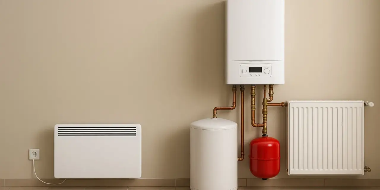 Nowoczesny system ogrzewania elektrycznego: kocioł, zasobnik, grzejnik i panel.