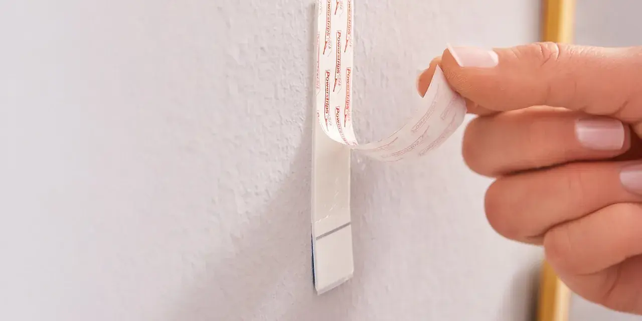 Dłoń odrywa taśmę z napisem "Powerstrips", pokazując alternatywę dla gwoździ do ściany.