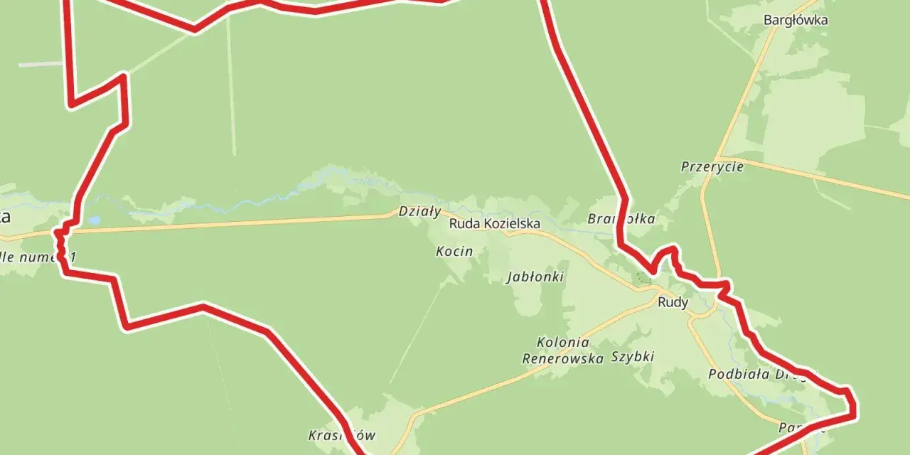 Mapa z zaznaczonymi trasami rowerowymi Śląsk. Czerwona linia wyznacza pętlę przez Działy, Rudy, Krasów i inne miejscowości.