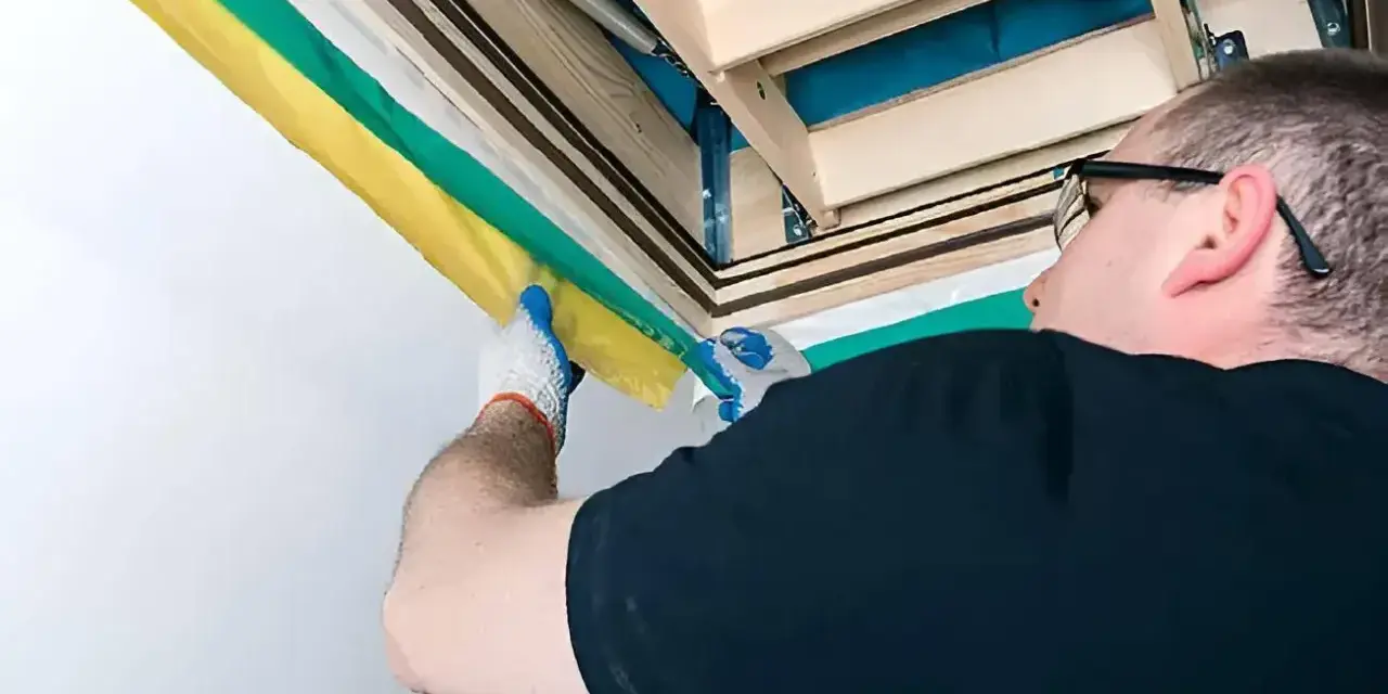 Mężczyzna w rękawiczkach montuje izolację schodów strychowych.