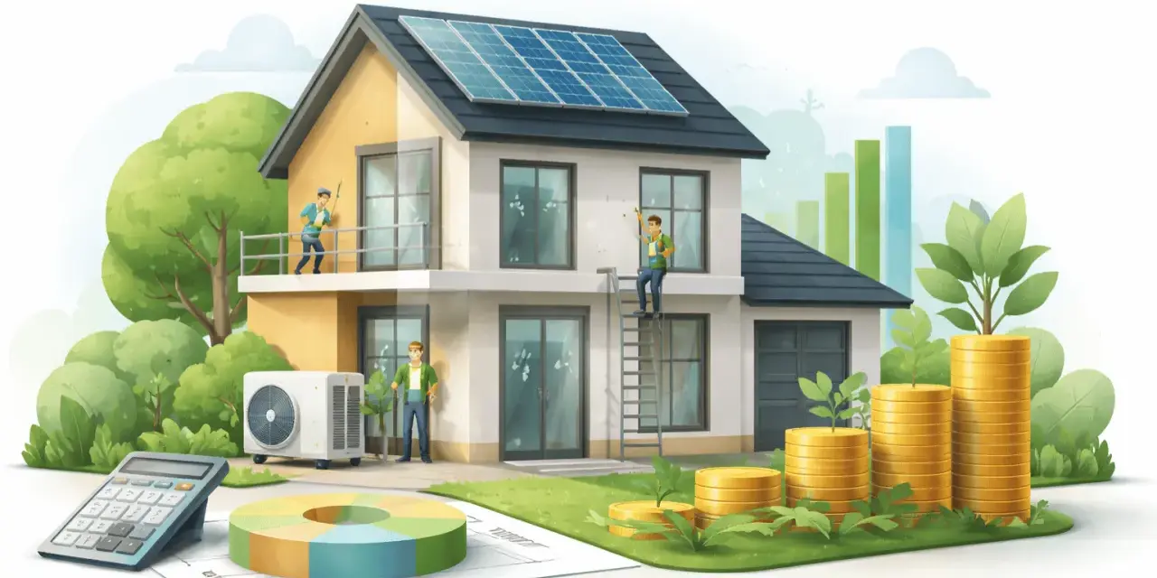 Casa con pannelli solari, condizionatore e operai che lavorano. Grafici, monete e calcolatrice suggeriscono i massimali ecobonus per il risparmio energetico.