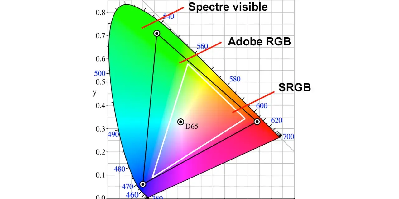 Diagramme CIE montrant les espaces colorimétriques Adobe RGB et sRGB, essentiel pour un écran pour retouche photo.