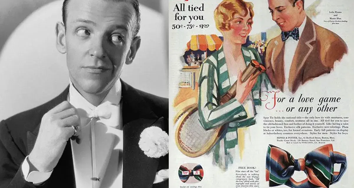 Fred Astaire con papillon, e pubblicità "Spur Tie" che mostra come mettere il papillon con stile.