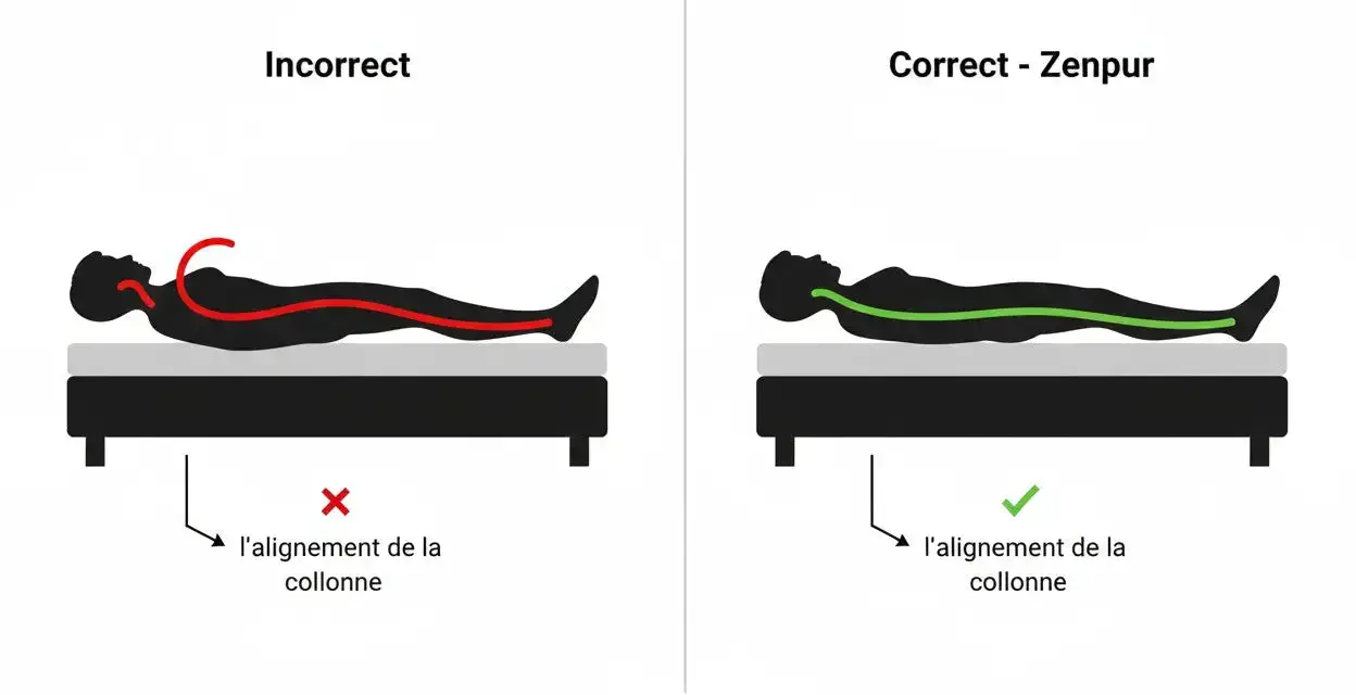 Illustration comparant un mauvais alignement de la colonne vertébrale (rouge) et un bon alignement (vert) pour éviter le mal de dos. Bien choisir son matelas aide à retourner son matelas mal de dos.