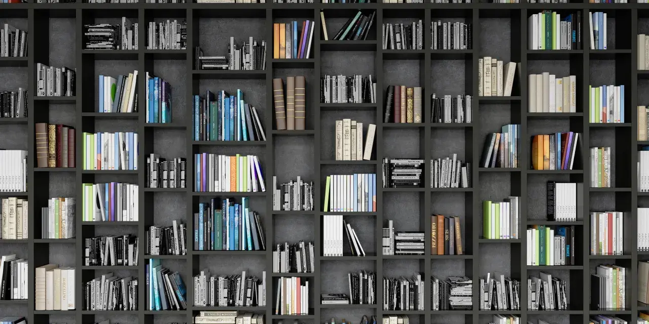 Eine Wand voller Bücherregale mit vielen Büchern in verschiedenen Farben und Größen.