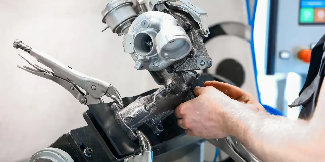 Mechanik pracuje nad turbosprężarką, mocując ją imadłem. Widoczny jest zawór N75, kluczowy element sterujący pracą turbiny.
