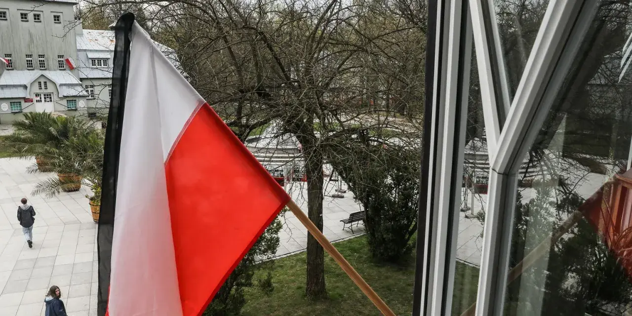 Biało-czerwona flaga na tle drzew i budynków. Czy flaga może wisieć cały rok? Pytanie o symbol dumy narodowej.
