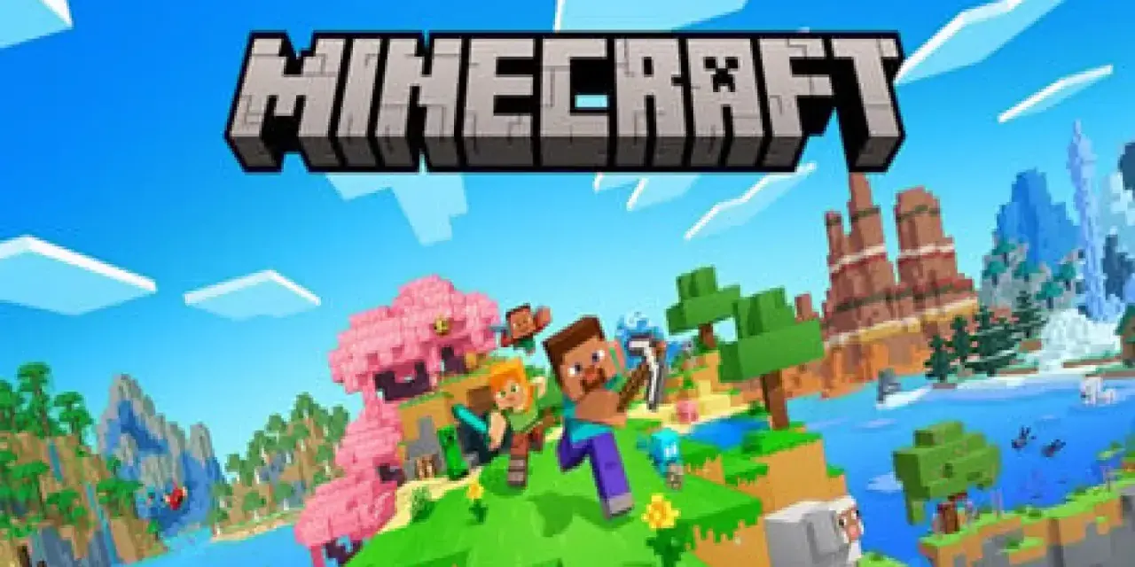 Steve y Alex exploran un mundo vibrante de Minecraft en PS5, con árboles rosados, montañas y ovejas.