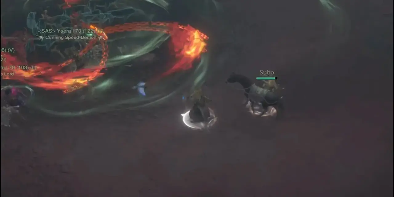 Gracze walczą z diablo 4 boss swiata, otoczeni płomieniami i zielonymi wirami.