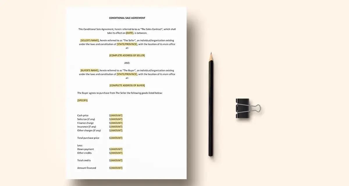 Dokument "Conditional Sale Agreement" z ołówkiem i spinaczem biurowym.