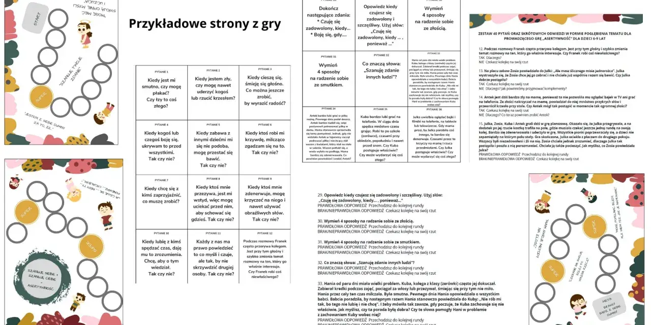 Gra planszowa "Przykładowe strony z gry" uczy stawianie granic dziecku. Przykłady pytań pomagają zrozumieć, jak reagować w trudnych sytuacjach.