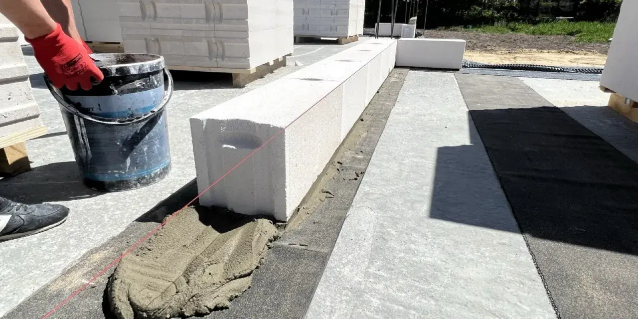 Budowa domu z **suporeksu**. Rękawica z czerwoną rękawicą trzyma wiadro z zaprawą, która jest układana na bloczkach.