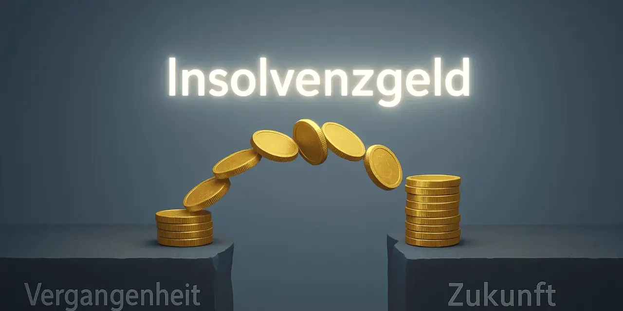 Goldmünzen bilden eine Brücke zwischen "Vergangenheit" und "Zukunft". Die Frage "wie lange dauert es bis das Arbeitsamt Insolvenzgeld zahlt" wird visuell thematisiert.