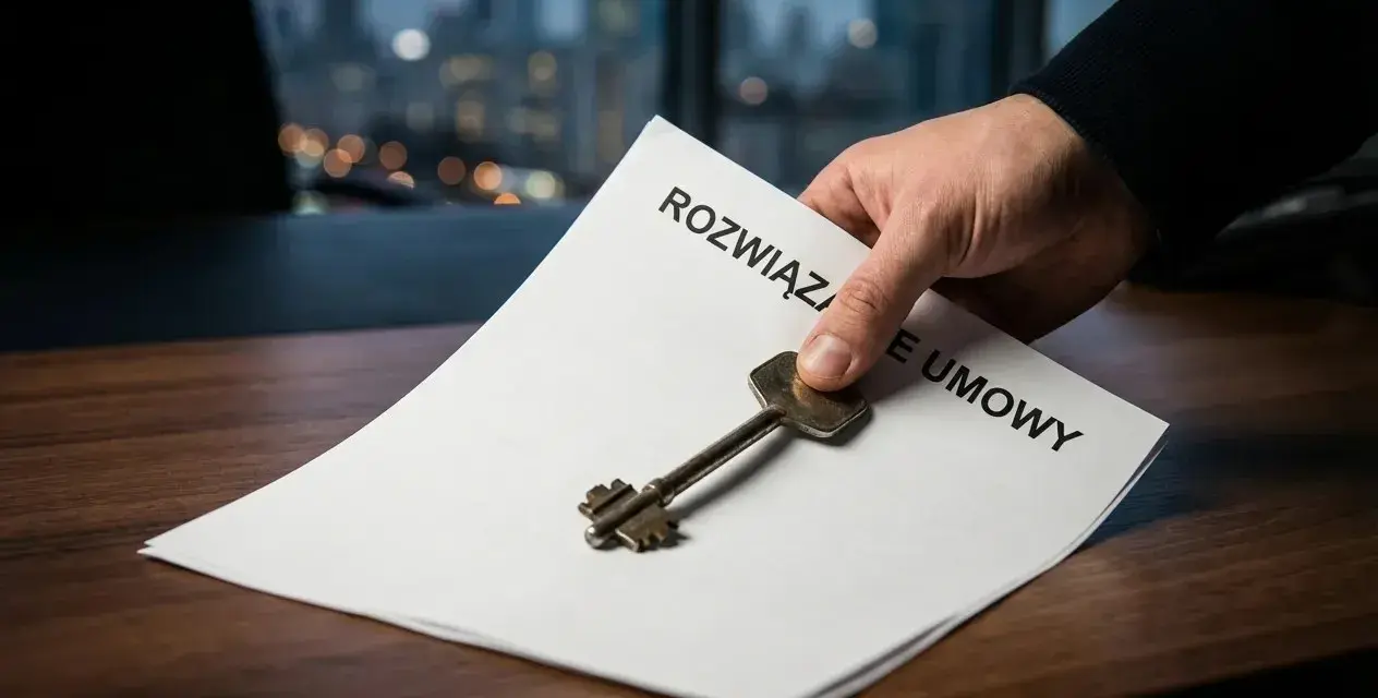 Dłoń kładzie klucz na dokumencie "Rozwiązanie umowy". Konsekwencje porzucenia pracy mogą być dalekosiężne.