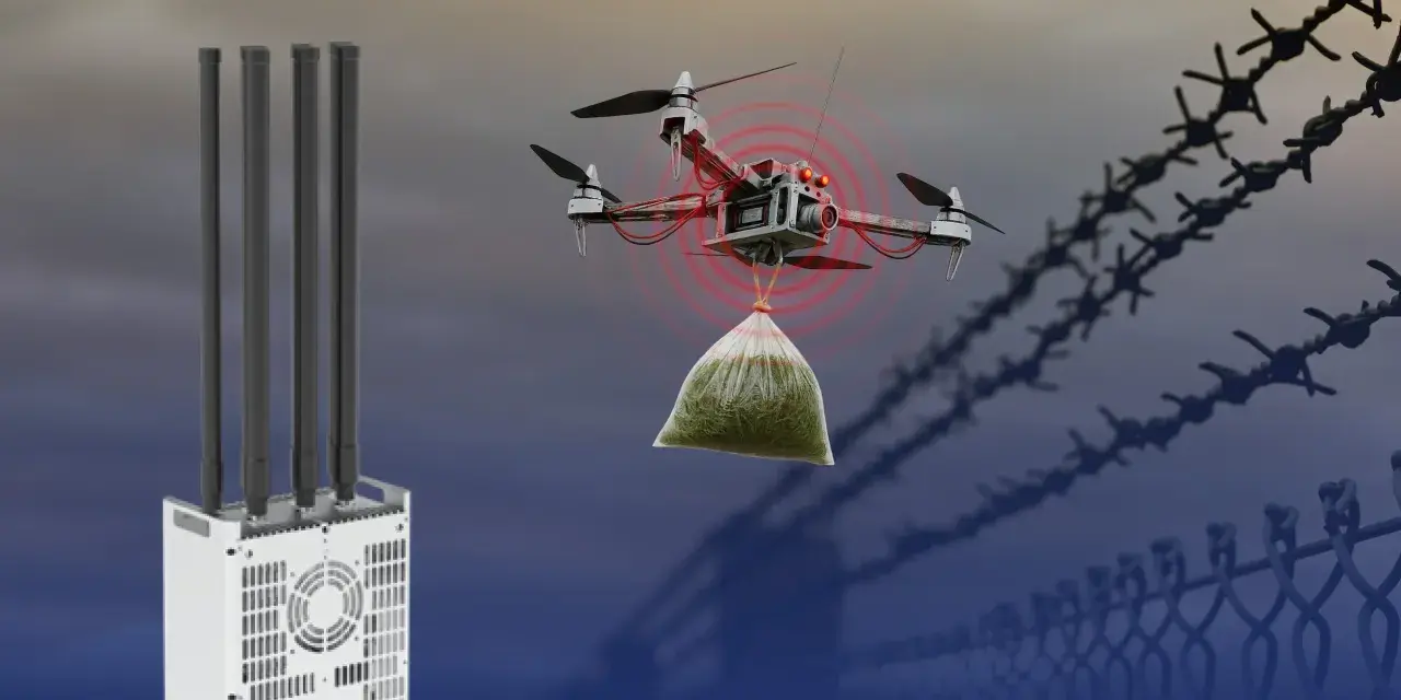 A drone carrying a bag of contraband is detected near a fence. A UAV jammer with multiple antennas stands ready to disrupt its flight.