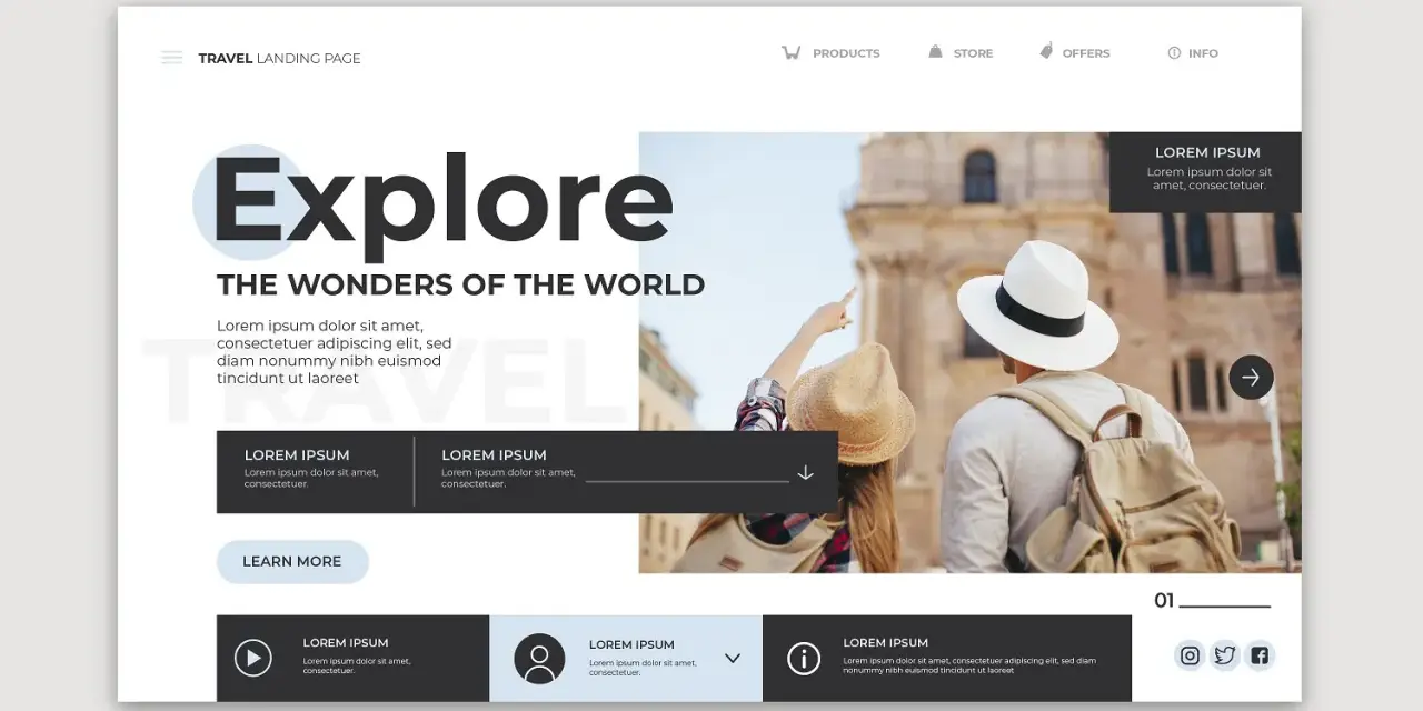 Strona główna podróży z hasłem "Explore The Wonders of the World". Ten **layout co to** zachęca do odkrywania świata.