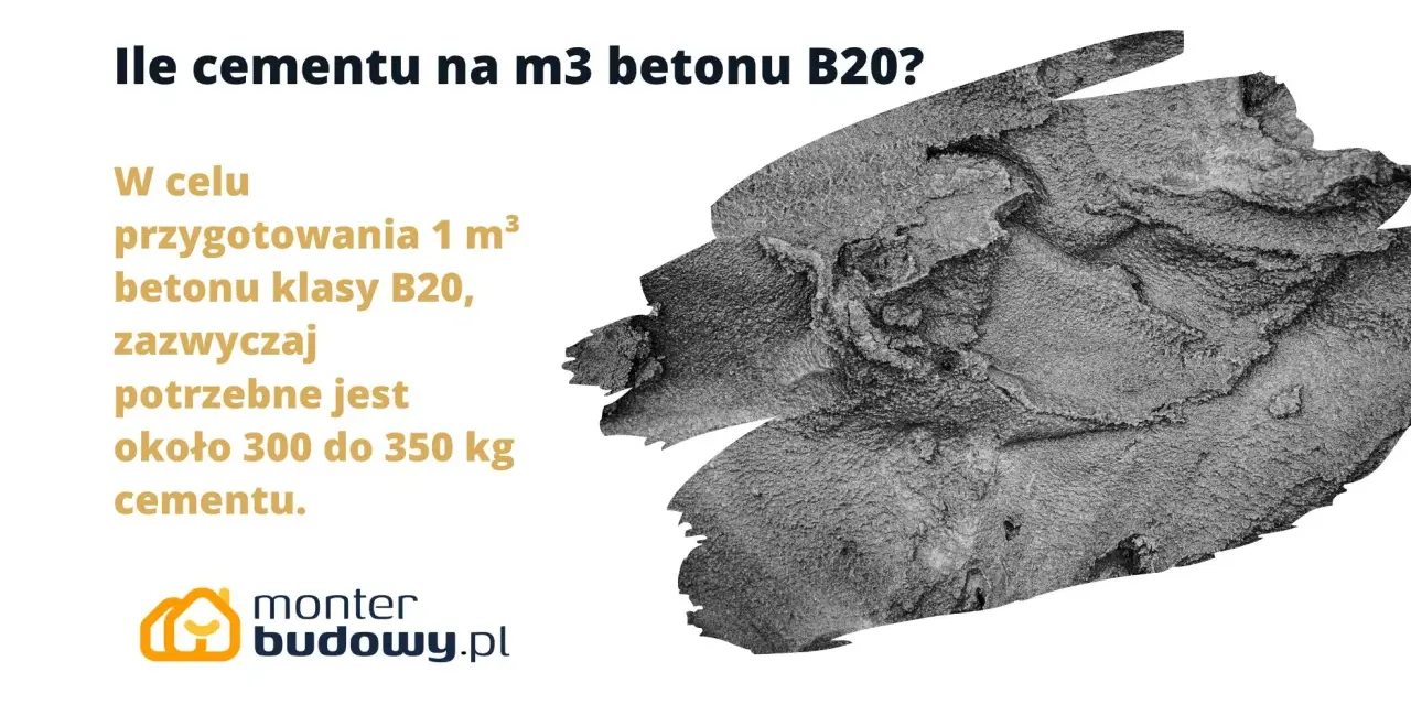 Ile cementu na m3 betonu B20? Potrzeba ok. 300-350 kg cementu na 1 m³ betonu B20.