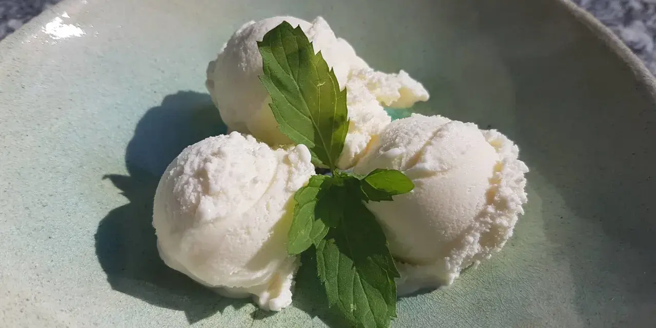 Drei Kugeln cremiges Bergamotte Eis mit frischer Minze auf einem hellgrünen Teller.