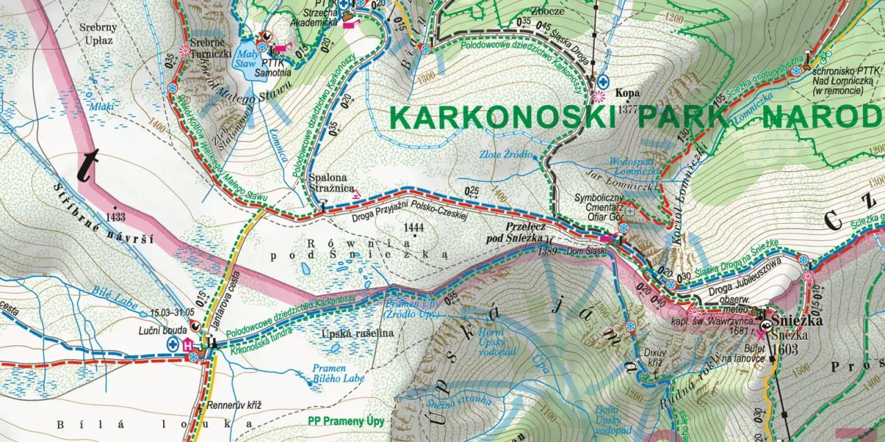 Mapa Karkonoszy, części Sudetów, z zaznaczonymi szlakami, schroniskami i szczytami, w tym Śnieżką.