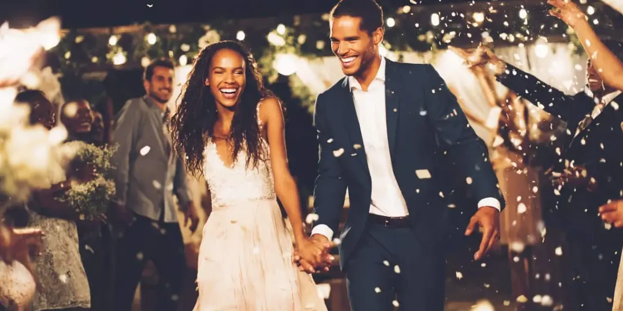 Un couple rayonnant traverse une pluie de pétales, une animation surprise mariage parfaite pour célébrer leur amour.