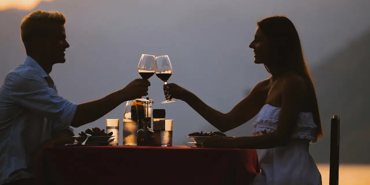 Idealne miejsce na pierwszą randkę: para wznosi toast winem przy romantycznej kolacji na tle zachodzącego słońca i gór.