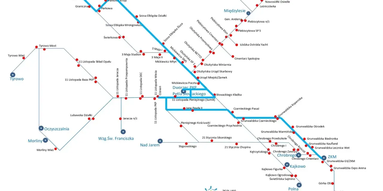 Schemat linii autobusowej nr 6 Żeglugi Ostródzko-Elbląskiej. Mapa pokazuje trasy i przystanki, m.in. w Ostródzie, Elblągu i okolicach.