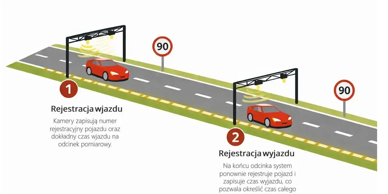 Schemat działania odcinkowego pomiaru prędkości na A4: kamery rejestrują wjazd i wyjazd pojazdu, by obliczyć średnią prędkość.